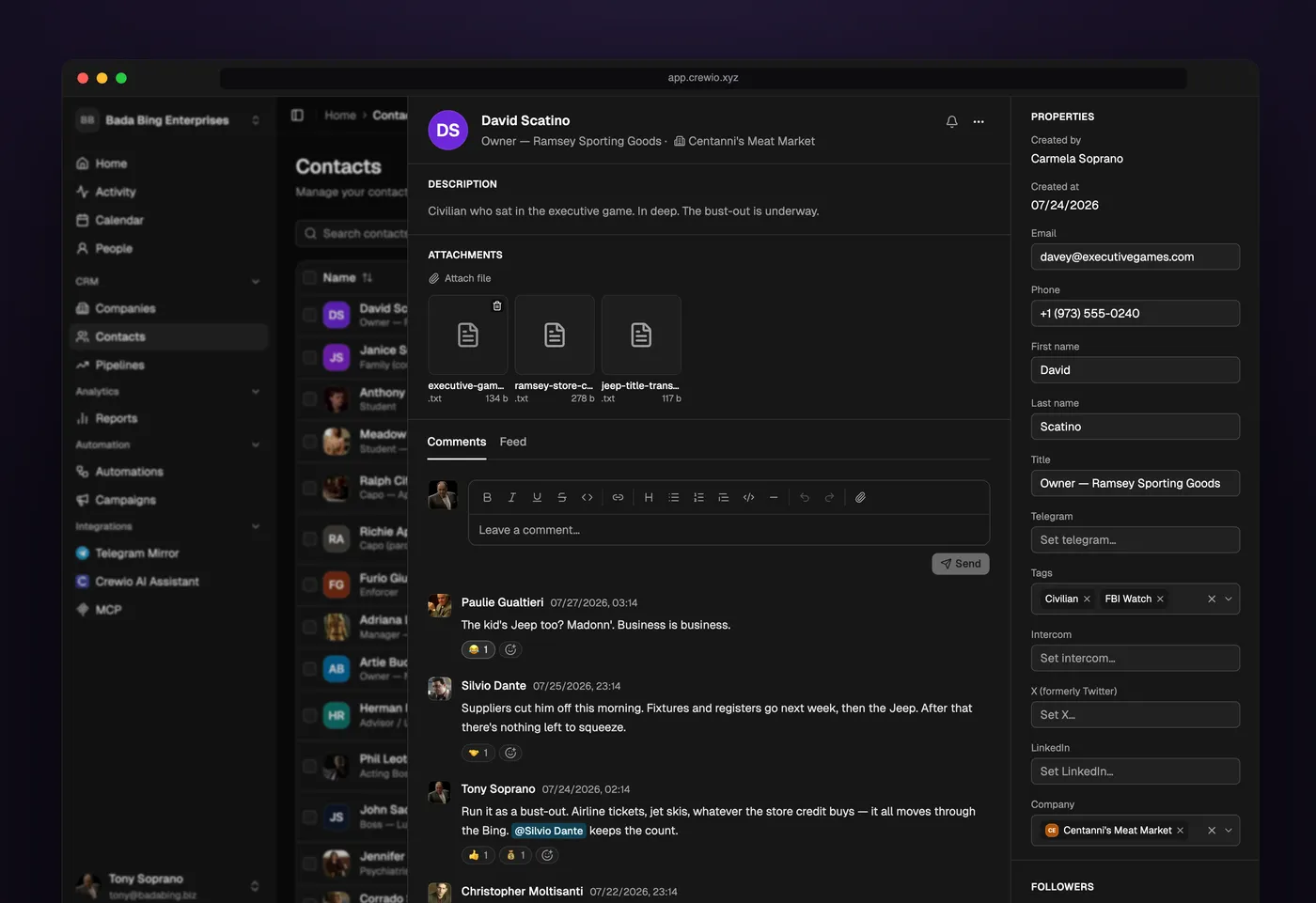 Crewio contact record with timeline of deals, meetings and Telegram messages