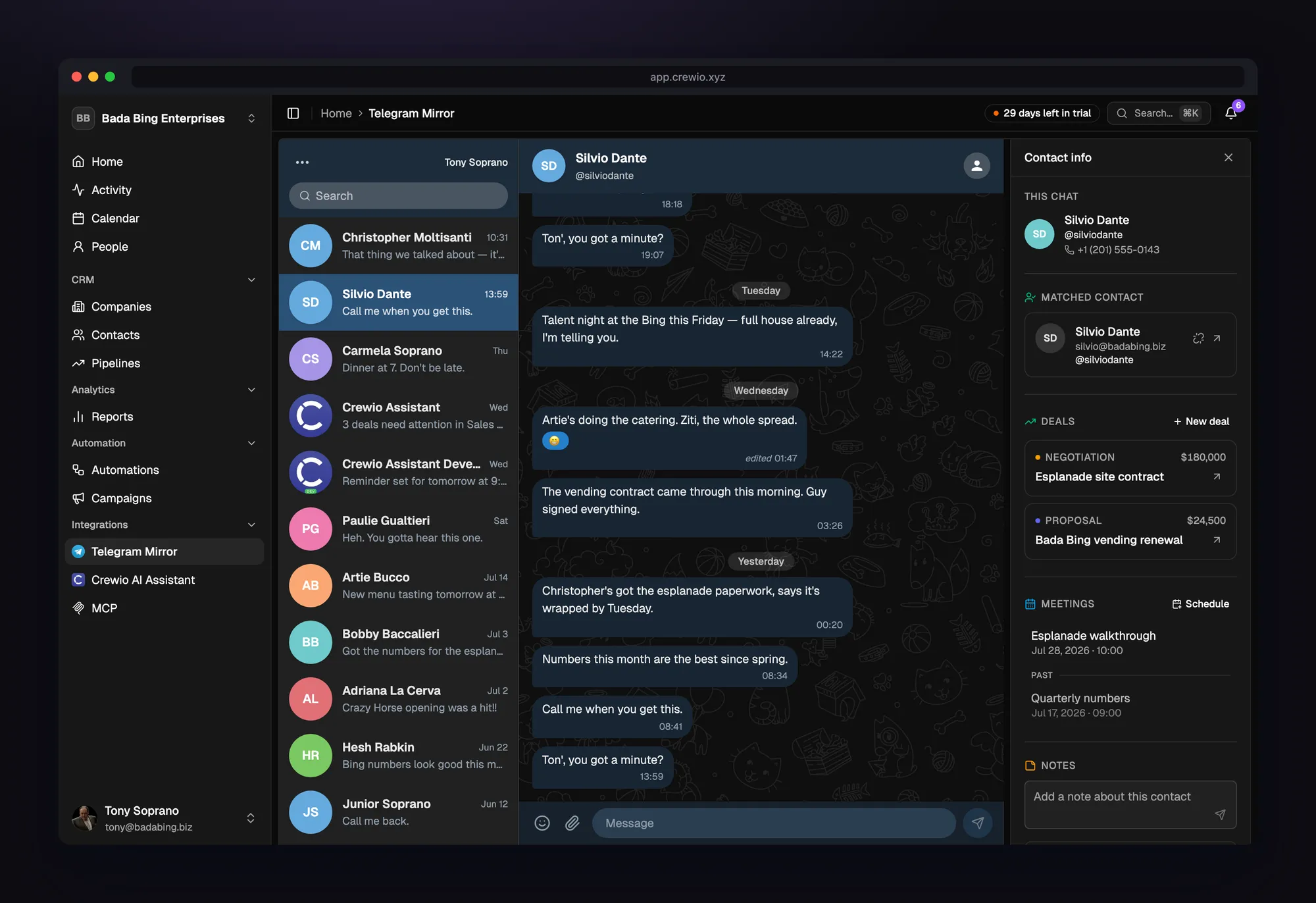 Telegram Mirror in Crewio: the conversation, the matched contact and their deals side by side